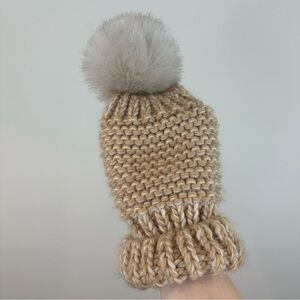 Free People | Tan Knit Winter Hat with Large Pom Pom